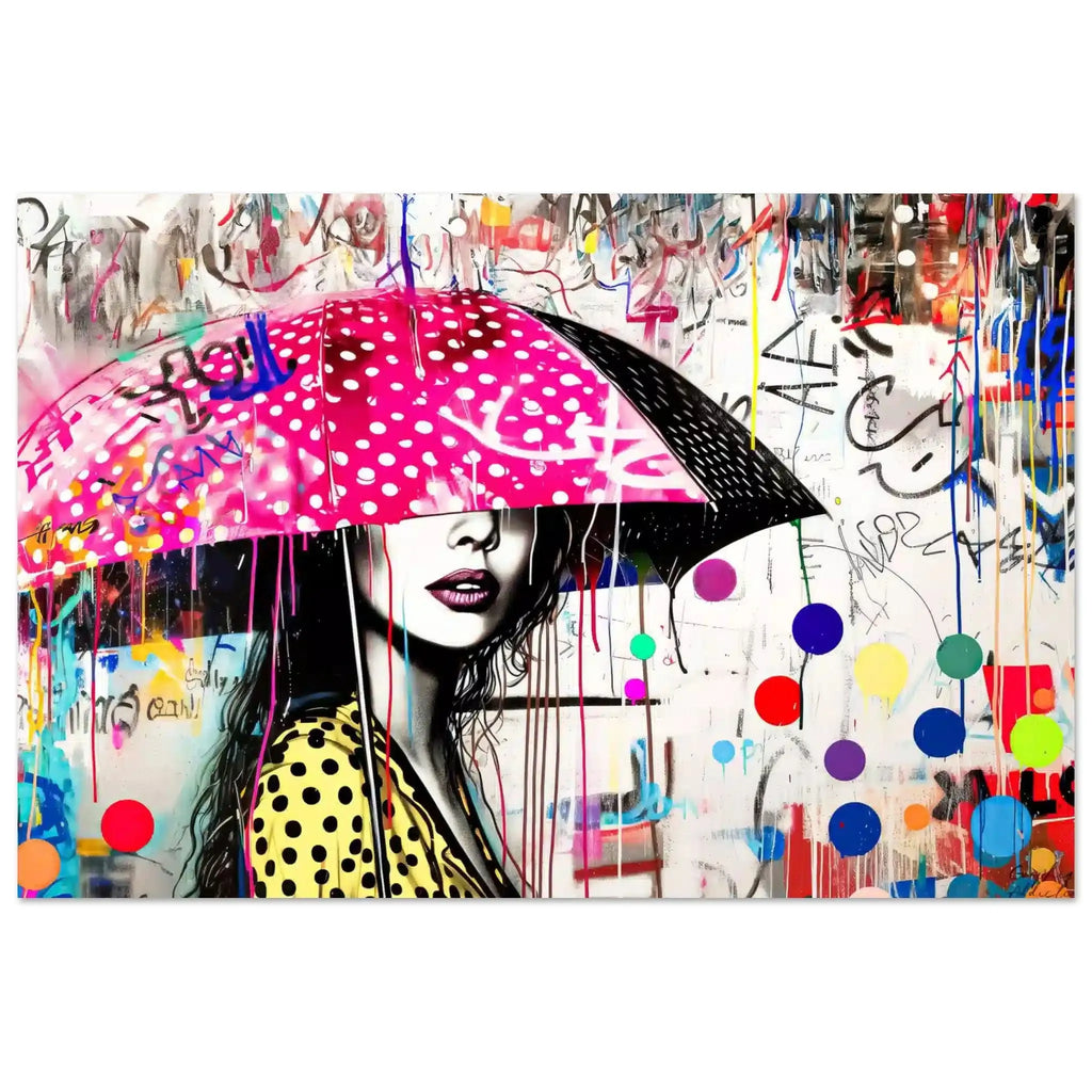 Aluminum print of woman holding a pink umbrella with white polka dots and colorful paint splashes. Street Art Storm-Graphique Addictions.