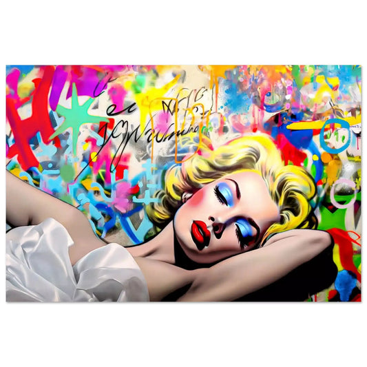 Blonde woman in a white dress lying down, with blue eyeshadow and red lipstick, against a vibrant graffiti wall. Street Style Serenade - Aluminum Print-Graphique Addictions