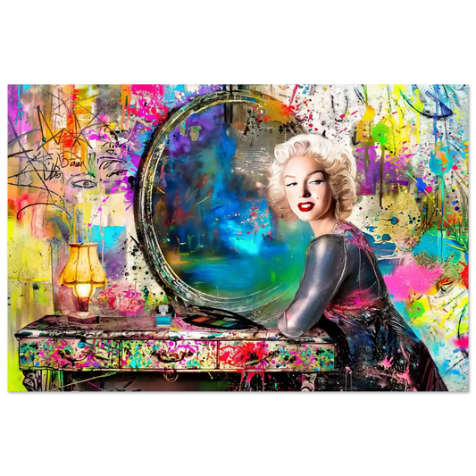 Aluminum print of Marilyn Monroe sitting at her vanity table in front of an old mirror with colorful graffiti and paint on the walls. Vanity Pop-Graphique Addictions.