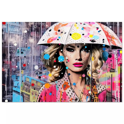 Blonde woman in a polka-dot dress with a colorful umbrella, set against a rain-soaked cityscape with pink and blue street art. Vibrant Drizzle Elegance - Aluminum Print-Graphique Addictions