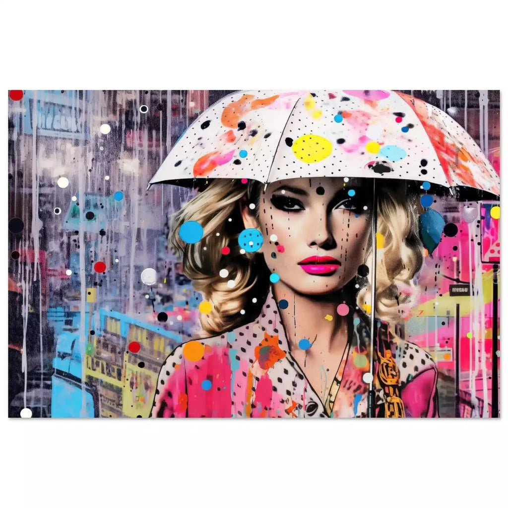 Blonde woman in a polka-dot dress with a colorful umbrella, set against a rain-soaked cityscape with pink and blue street art. Vibrant Drizzle Elegance - Aluminum Print-Graphique Addictions