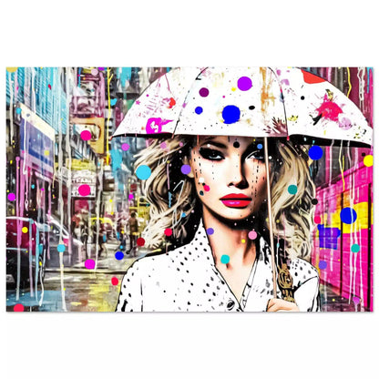 Aluminum print of woman holding a white umbrella with colorful dotted paint splatters. Vivid Vogue Rainfall, Graphique Addictions.