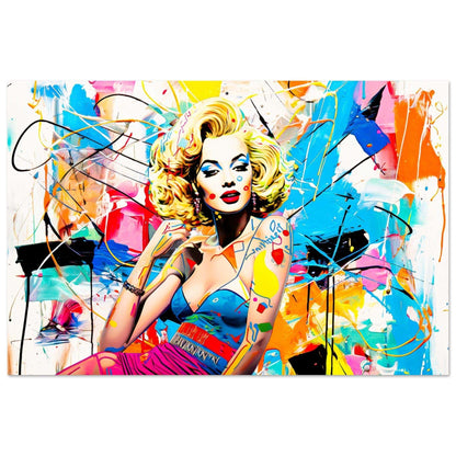 Marilyn Monroe against a backdrop of colorful abstract graffiti and paint splashes. Aluminum Print-8x12 inches-Vogue Vandal-Graphique Addictions