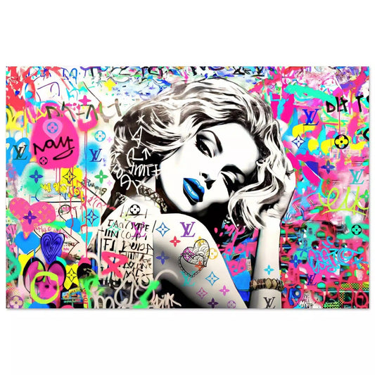Aluminum print of Madonna wearing blue lipstick surrounded by colorful graffiti and LV monogram tattoo on her arm. Vuitton Tattoo Vixen-Graphique Addictions
