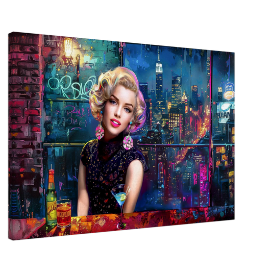 canvas print featuring Marilyn Monroe seated at a bar with colorful cocktails, glowing under neon New York City lights. Retro City Lights-Graphique Addictions