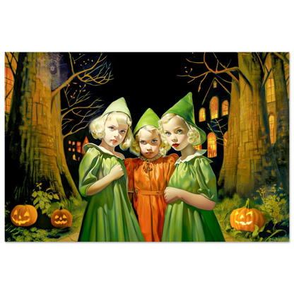 art print of three children in green and orange witch costumes. Emerald and Saffron Witches-Graphqiue Addictions.