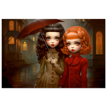 art print of Victorian-inspired dolls standing under the rain on a quiet, moonlit street holding an umbrella. Gothic Rain Dolls-Graphique Addictions.