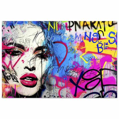 Art print featuring a woman's face decorated with bold graffiti, set against a vibrant background of blue, yellow, and pink graffiti colors. Title: Graffiti Femme Fantasy-Graphique Addictions.