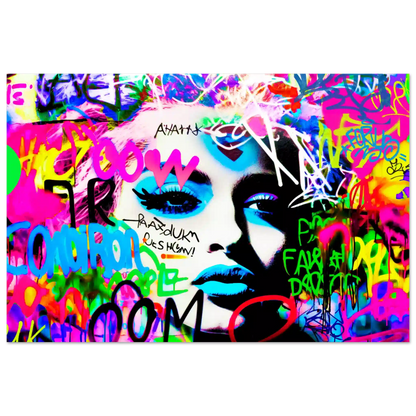 Art print of Madonna's face covered in colorful graffiti. Madonna's Graffiti Groove-Graphique Addictions.