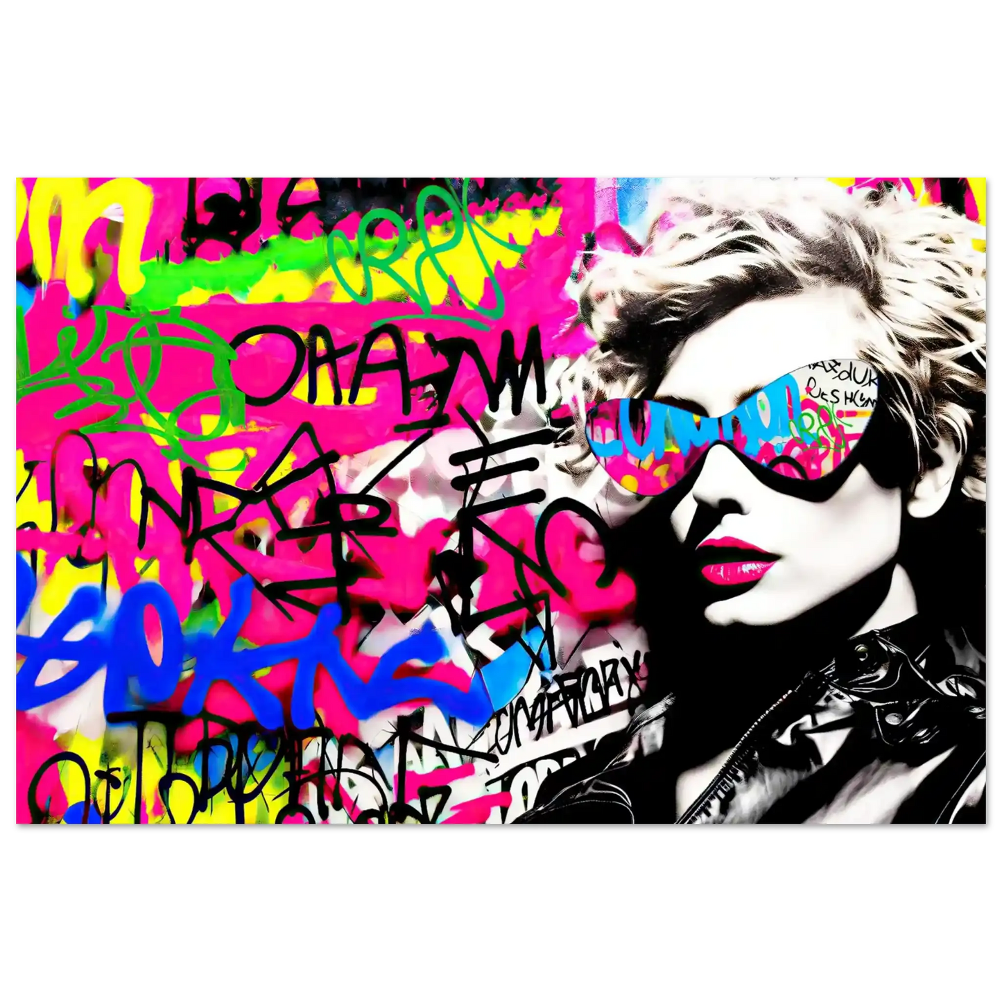 Art print of Madonna wearing sunglasses against a colorful graffiti background. Madonnas spray paint-Graphique Addictions.