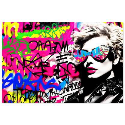 Art print of Madonna wearing sunglasses against a colorful graffiti background. Madonnas spray paint-Graphique Addictions.