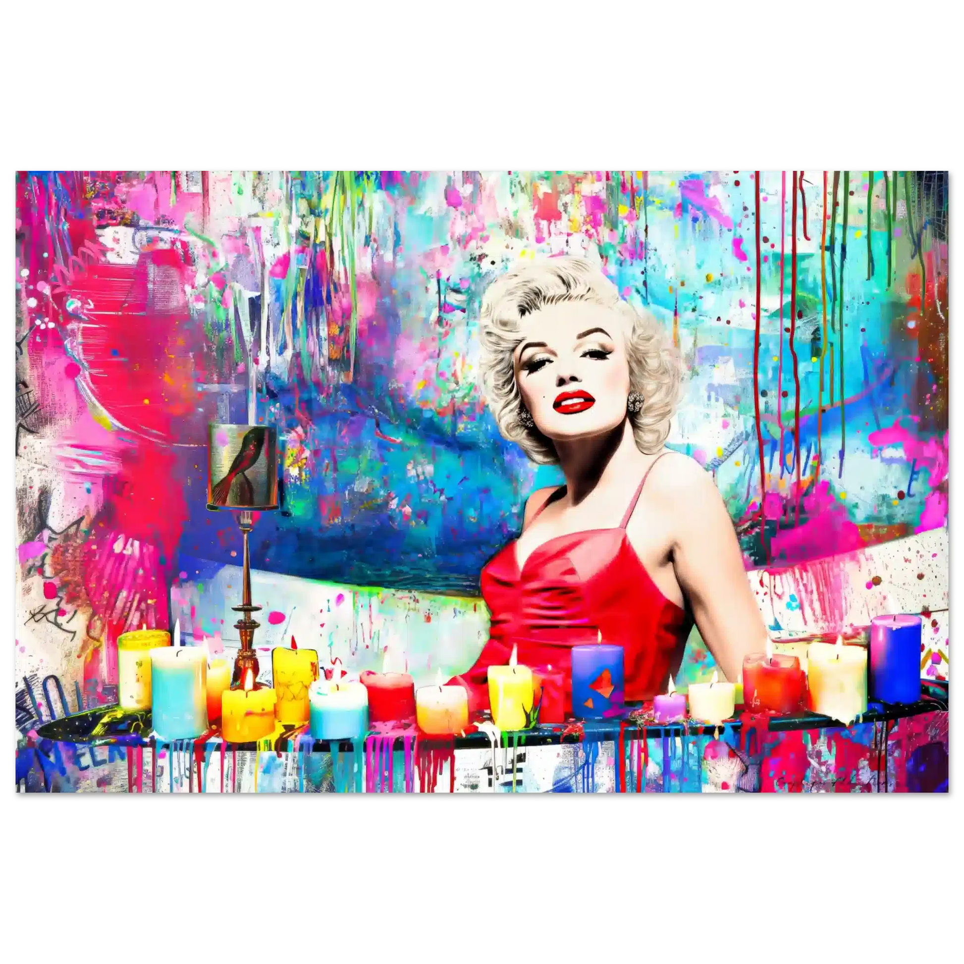 Art print of Marilyn Monroe in a red dress, sitting in a bathtub, surrounded by colorful candles and paint splashes. Marilyn's Candles and Paint-Graphique Addictions.