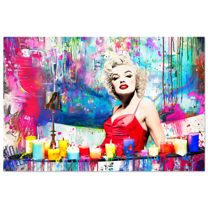 Art print of Marilyn Monroe in a red dress, sitting in a bathtub, surrounded by colorful candles and paint splashes. Marilyn's Candles and Paint-Graphique Addictions.