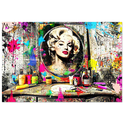 Art print of Marilyn Monroe's reflection in a mirror, against an old wooden vanity table covered with makeup, perfume bottles, and colorful graffiti and paint. Marilyn's Painted Mirror-Graphique Addictions.