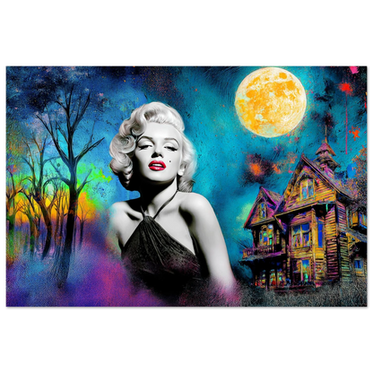 colorful painting of Marilyn Monroe wearing a black dress with a haunted house and moon behind her. Moonlit Marilyn-Graphique Addictions.