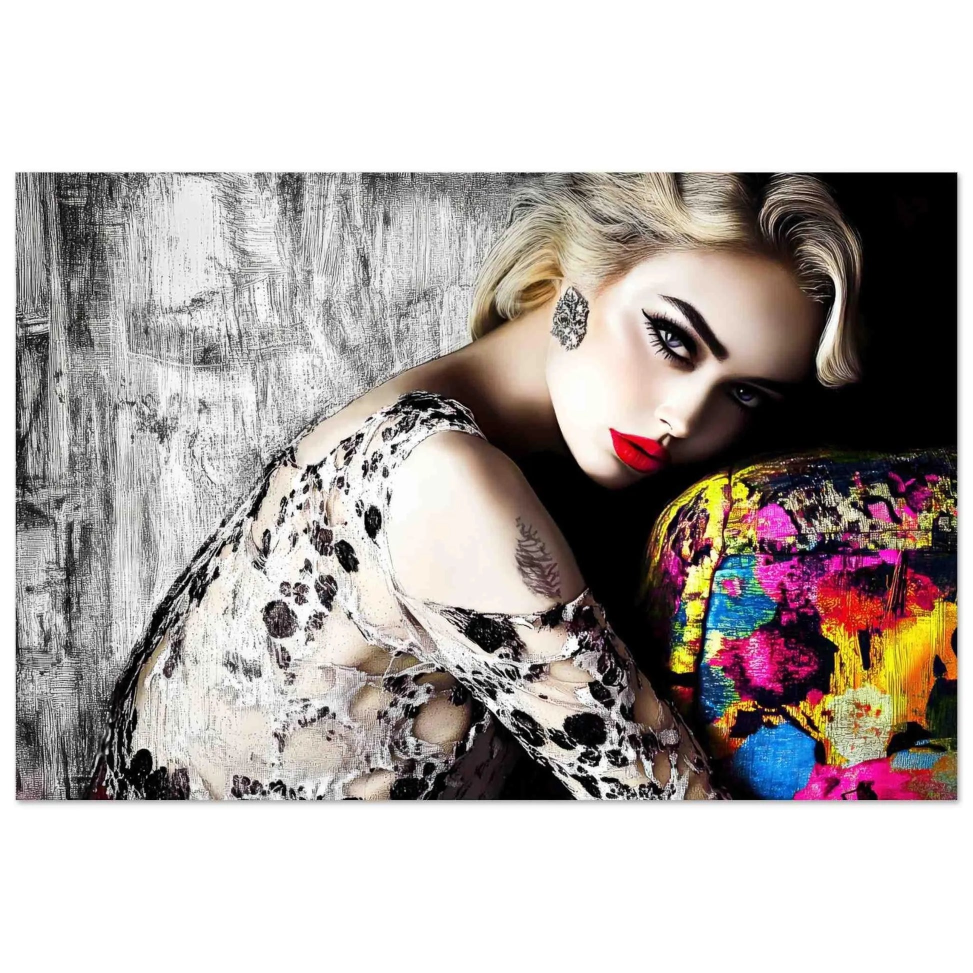 Art print of blonde model with bold red lips, wearing a black-and-white lace dress, leaning against a colorful sofa with a textured black-and-white wall in the background. Red Lips and Lace-Graphique Addictions.