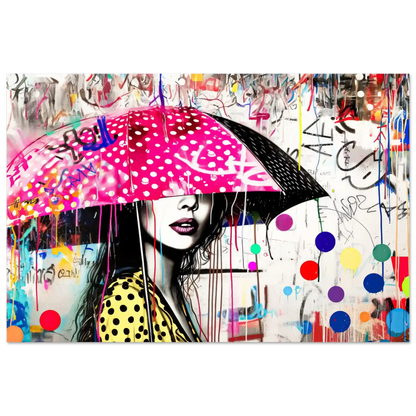 Art print of woman holding a pink umbrella with white polka dots and colorful paint splashes. Street Art Storm-Graphique Addictions.
