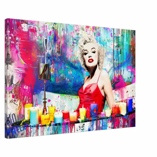Marilyn Monroe in a red dress, sitting in a bathtub, surrounded by colorful candles and paint splashes, canvas print. Marilyn's Candles and Paint-Graphique Addictions.