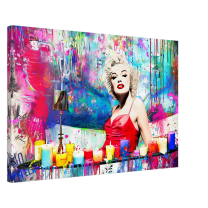 Thick Canvas print of Marilyn Monroe in a red dress, sitting in a bathtub, surrounded by colorful candles and paint splashes. Marilyn's Candles and Paint-Graphique Addictions.