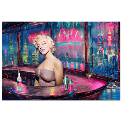 pop art print of marilyn monroe as a bartender in a colorful cyberpunk bar overlooking the NYC skyline through the window. Graphique Addictions