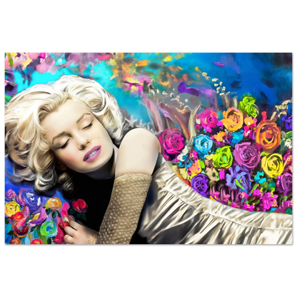 Art portrait of marilyn monroe sleeping in bed, with colorful flowers surrounding her. Graphique Addictions.