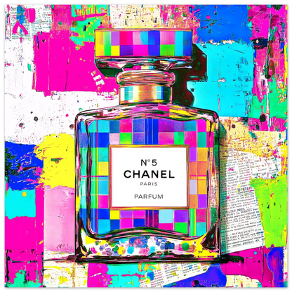 Art print of Chanel No. 5 perfume bottle with colorful, neon abstract and graffiti paint splashes. Graphique Addictions.