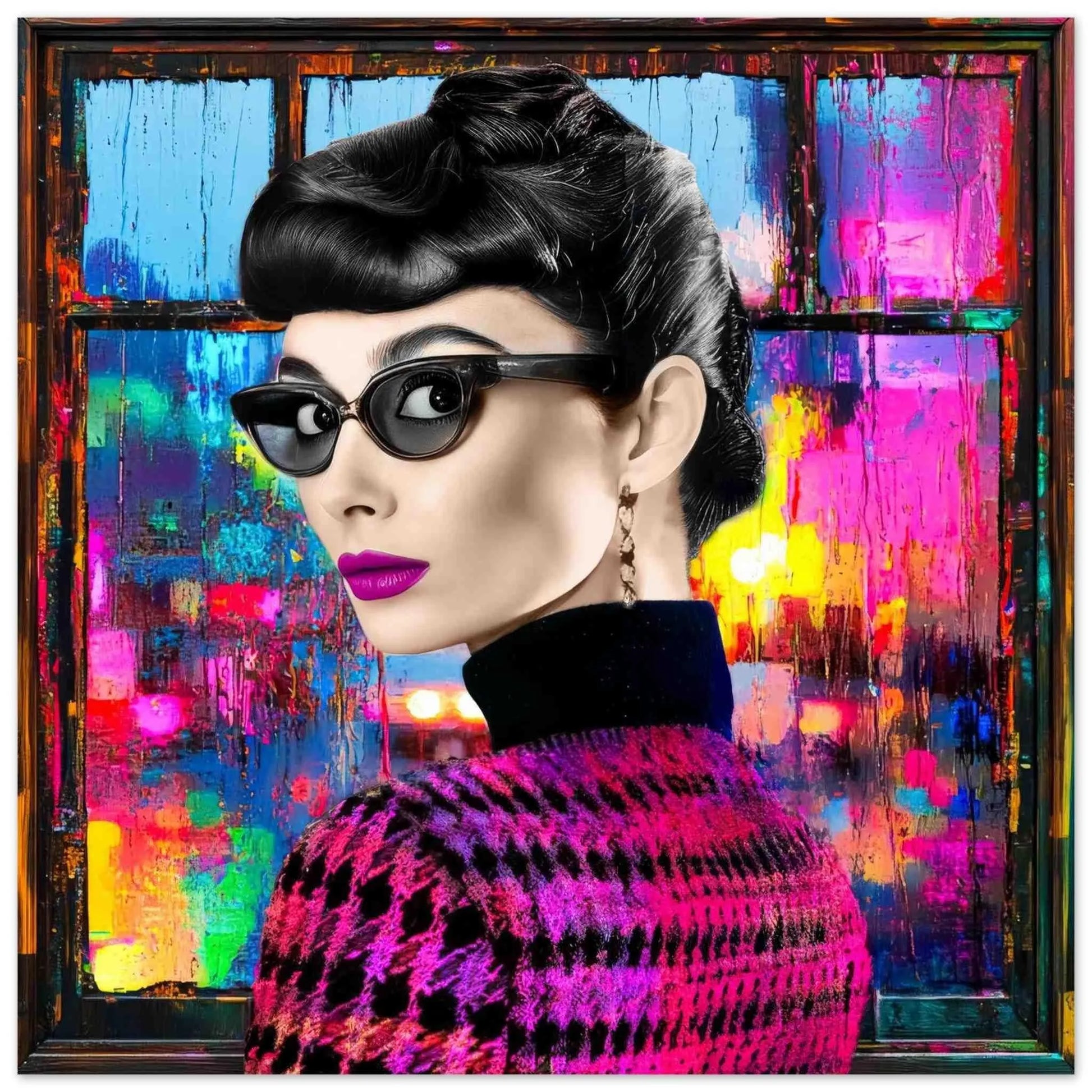 Audrey Hepburn wearing sunglasses and a houndstooth sweater against a window with psychedelic abstract reflections and bold colors, art print. Audrey's Cyber Reflections-Graphique Addictions.
