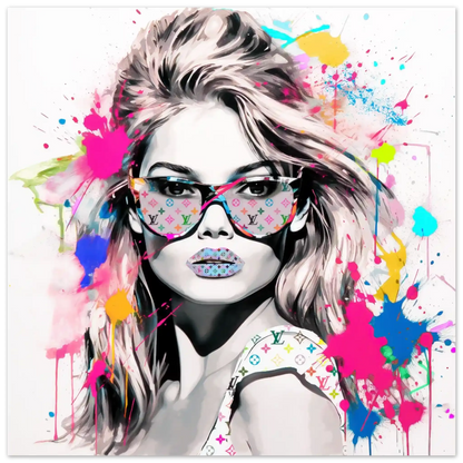 Art print of Brigitte Bardot wearing sunglasses with Louis Vuitton multi-colored monogram, colorful paint splashes on a white background. Vuitton Vision, Graphique Addictions.