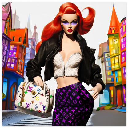 Art print of red-haired fashion doll in white halter top, black leather skirt, holding Louis Vuitton bag with colorful building backdrop. City Doll Pop-Graphique Addictions.