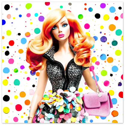 Printed artwork of a fashion doll with long red blonde hair, wearing a polka dot skirt and holding a pink purse against a white background with colorful polka dots. The piece is titled Dazzling Dots Doll-Graphique Addictions.