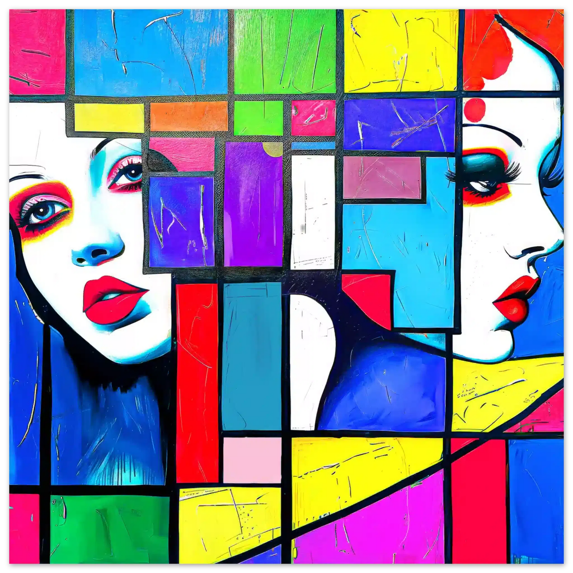 Abstract art print of two women's faces, created with vibrant multi-colored geometric shapes. Geometric Cubism Chics-Graphique Addictions.