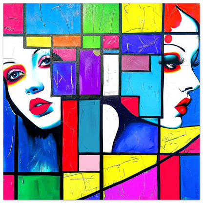 Abstract art print of two women's faces, created with vibrant multi-colored geometric shapes. Geometric Cubism Chics-Graphique Addictions.