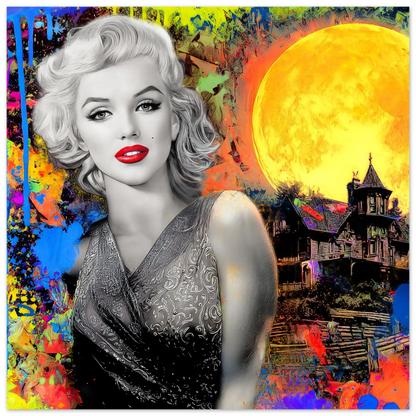 colorful art painting of marilyn monroe with paint splashes and a moon and haunted house behind her. Haunted Moonlight Vixen-Graphique Addictions.
