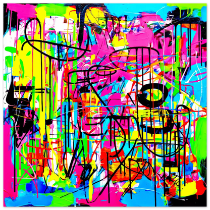 Art print of an abstract painting of bold, neon colors in pink, blue, green, yellow, orange, black, and white, graffiti-style brushstrokes and splashes. Liquid Chaos-Graphique Addictions.