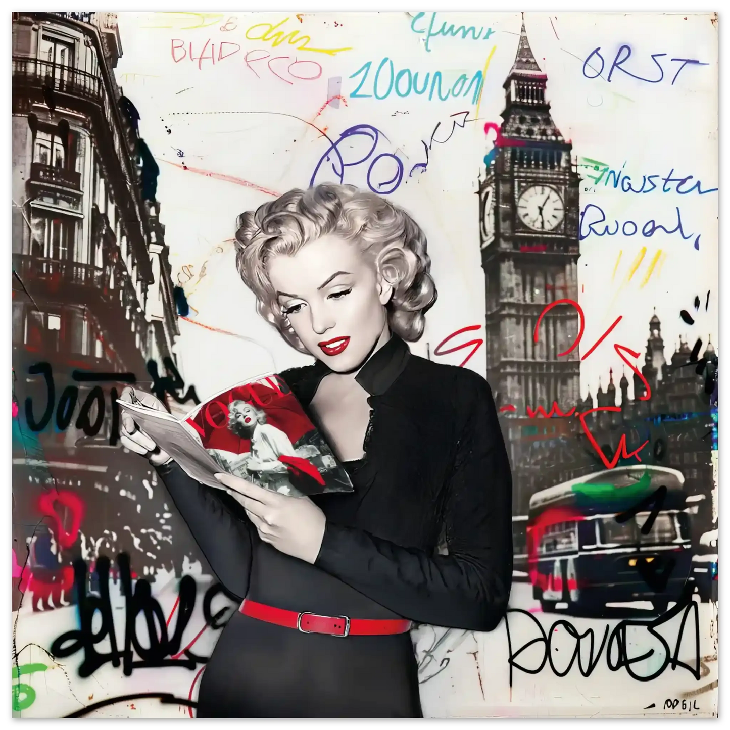 black and white art print of Marilyn Monroe in London with vibrant red lips, Big Ben behind her, and colorful graffiti. Marilyn in London-Graphique Addictions.