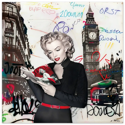 black and white art print of Marilyn Monroe in London with vibrant red lips, Big Ben behind her, and colorful graffiti. Marilyn in London-Graphique Addictions.