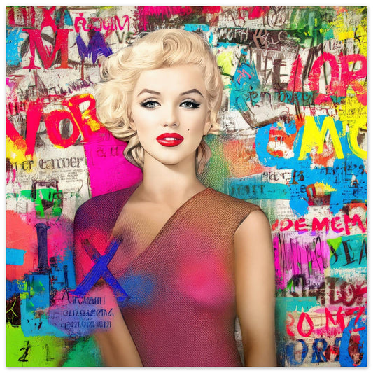 art print of colorful artwork of marilyn monroe wearing a pink dress with graffiti-style letters. Marilyns Letter Chaos-Graphique Addictions.