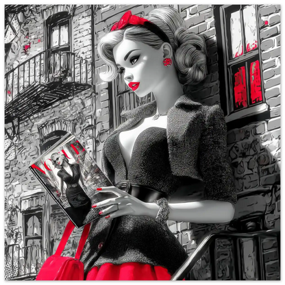 Black and white art of a fashion doll wearing a red skirt and black blazer, on a NYC street corner holding a magazine-28x28-inches-print-only-nyc-noir-doll, Graphique Addictions