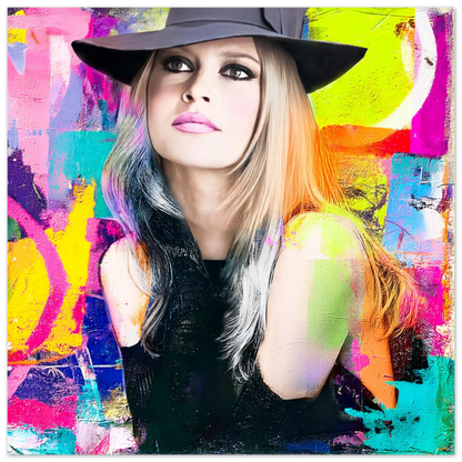 art print of Brigitte Bardot wearing a black hat and black top with a background of vibrant colors, mixed media, with paint splashes. Brigitte in Color-Graphique Addictions.