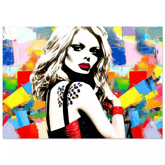 Aluminum print of Claudia Schiffer against a backdrop of multi-colored abstract geometric patterns wearing a black and red dress. Claudias Chromatic Cosmos-Graphique Addictions.