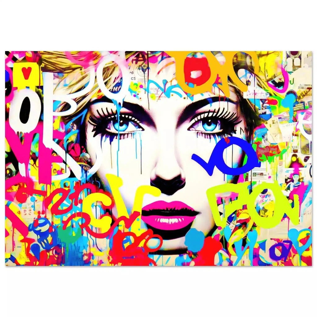 Aluminum print close-up portrait of a woman against a white background, surrounded by vibrant graffiti and typography. Letters and Lipstick-Graphique Addictions.