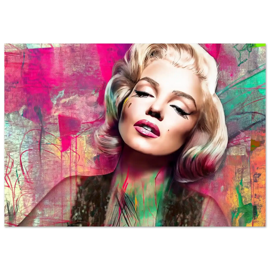Abstract portrait of Marilyn Monroe with pink lips and lime green graffiti-style background-28x40-inches-aluminum-print-marilyns-candy-lime, Graphique Addictions
