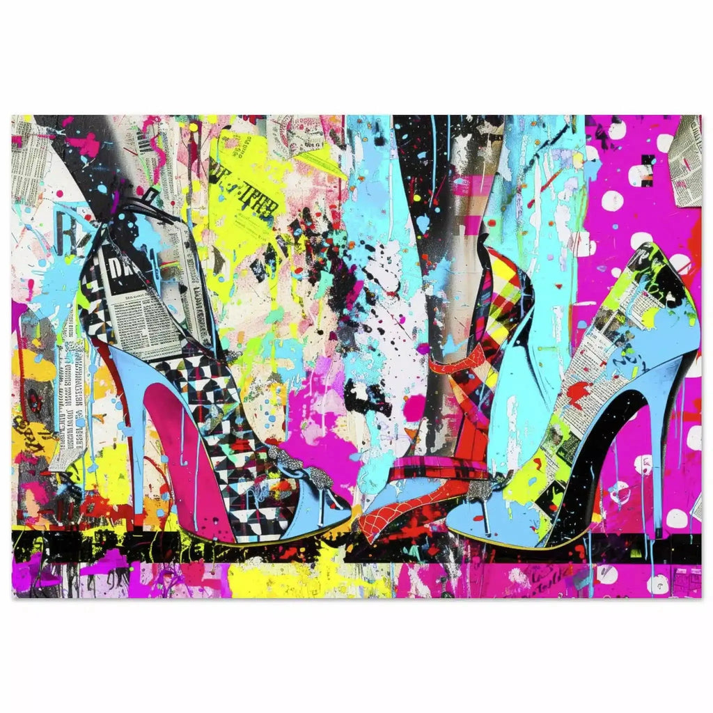 Aluminum print of high heels against a backdrop of colorful newspaper texture collage and paint splashes. Neon Stiletto 80's Remix-Graphique Addictions.
