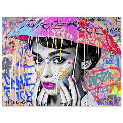 Art print of Audrey Hepburn with an umbrella over her head with colorful graffiti and paint. Splash of Street Style-Graphique Addictions.