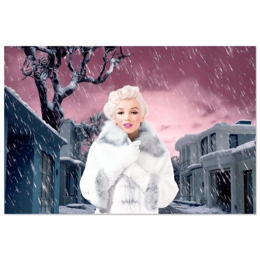 aluminum print of marilyn monroe wearing a white fur coat and gloves, standing under a snowy sky with a pink hue, surrounded by gray houses. 