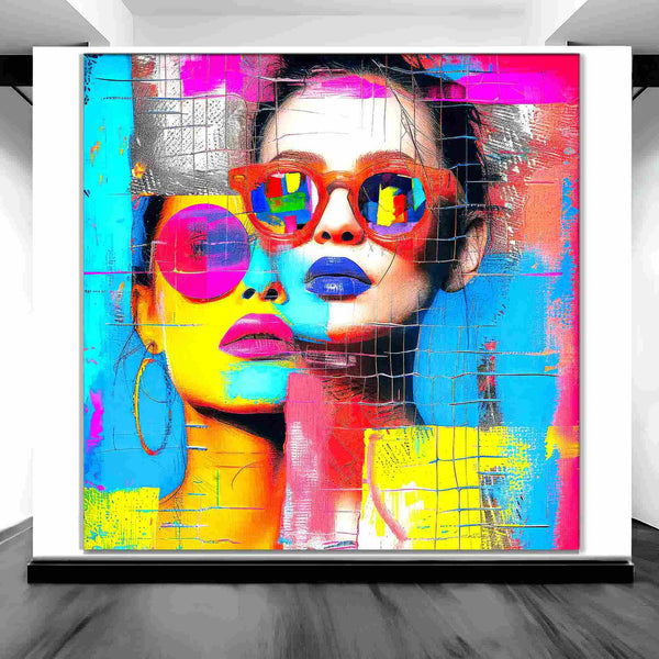 Art gallery mockup of colorful geometric art collage of woman with sunglasses. Abstract Duo-Graphique Addictions.