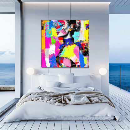 Abstract Radiance: Bedroom mockup of a collage of neon colored geometric shapes and a woman wearing a colorful abstract turtleneck, Graphique Addictions.