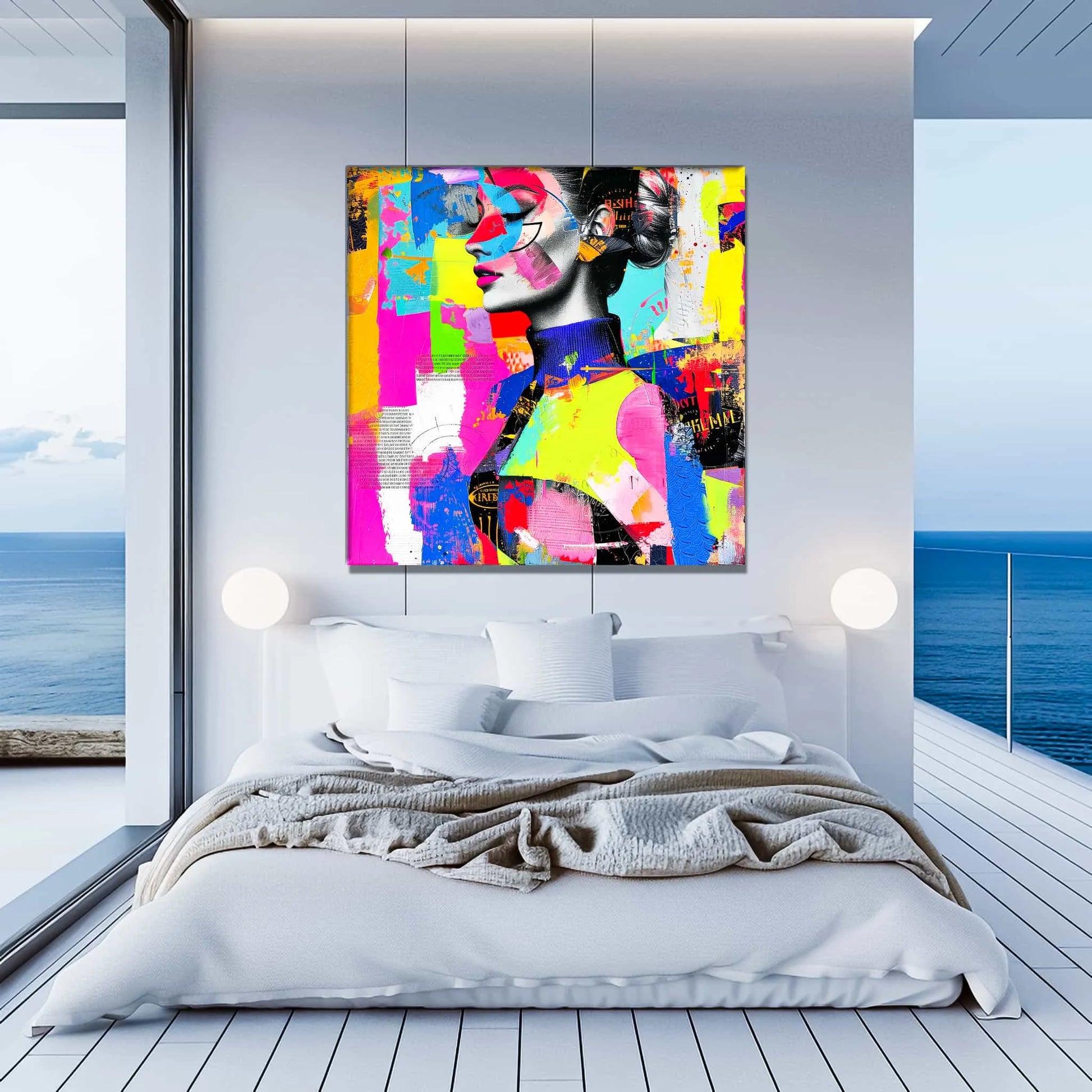 Abstract Radiance: Bedroom mockup of a collage of neon colored geometric shapes and a woman wearing a colorful abstract turtleneck, Graphique Addictions.