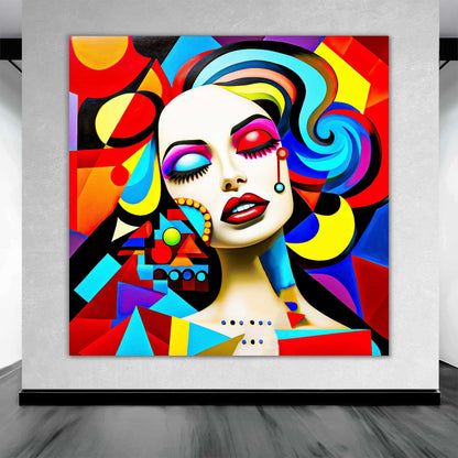 Abstract art of a woman, with bold geometric shapes and cubism details art gallery wall decor. Abstract Temptress-Graphique Addictions.