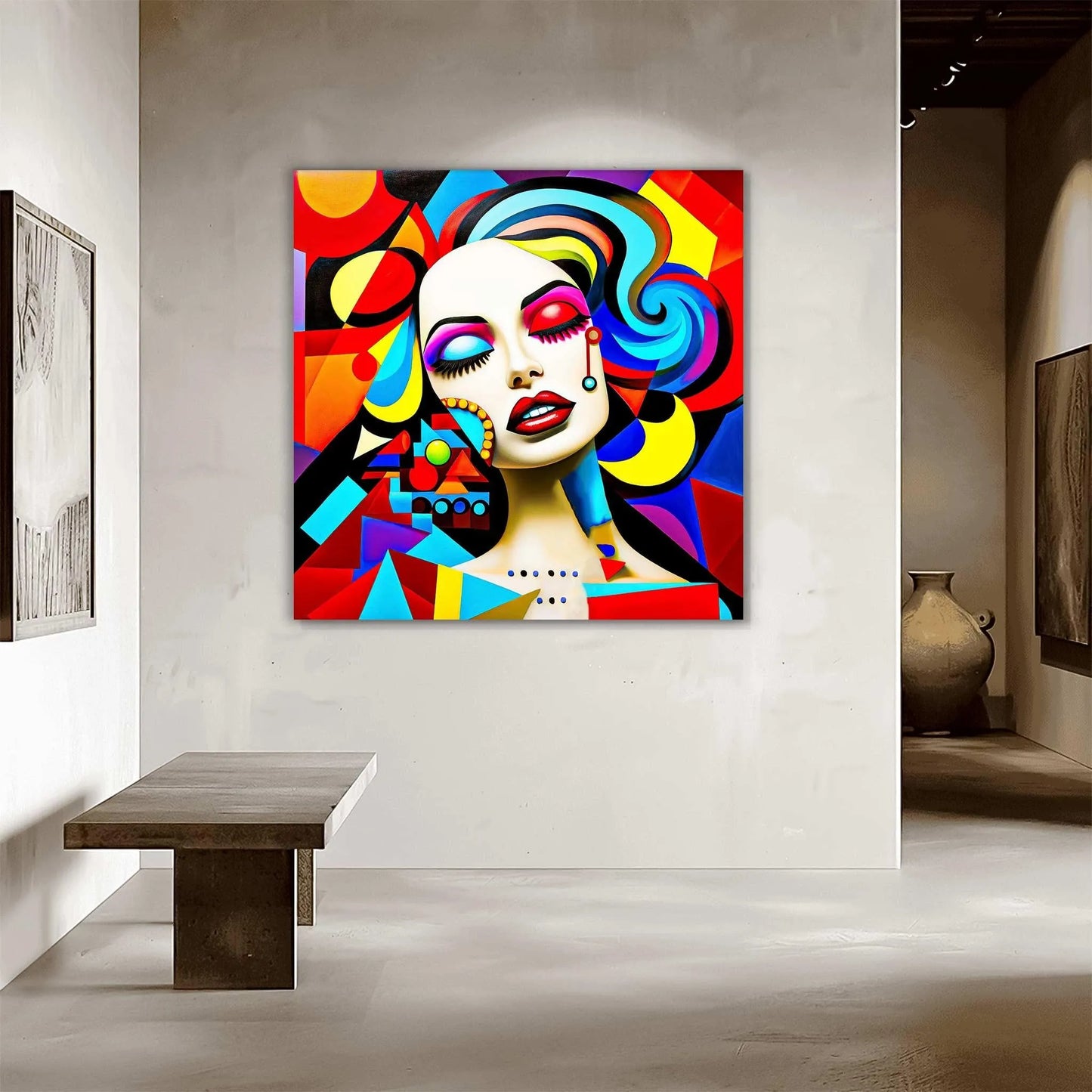 Abstract art of a woman, with bold geometric shapes and cubism details hallway wall decor. Abstract Temptress-Graphique Addictions.